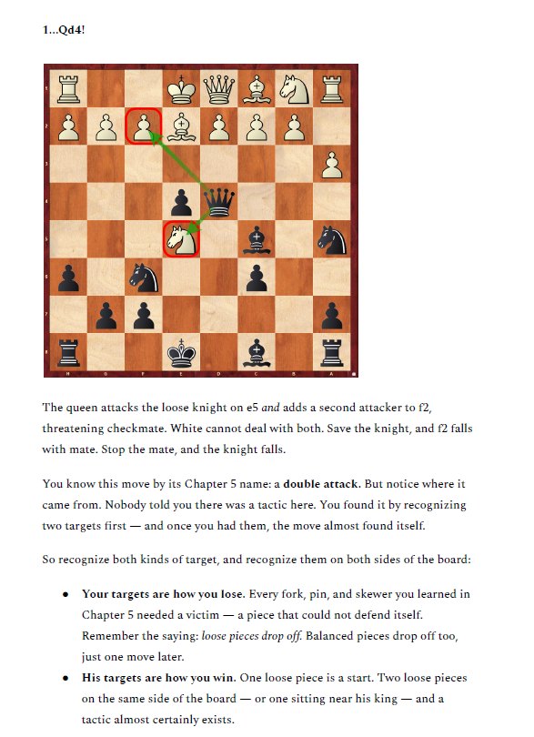 A book page showing a chess diagram with the move 1...Qd4 and an explanation of the double attack