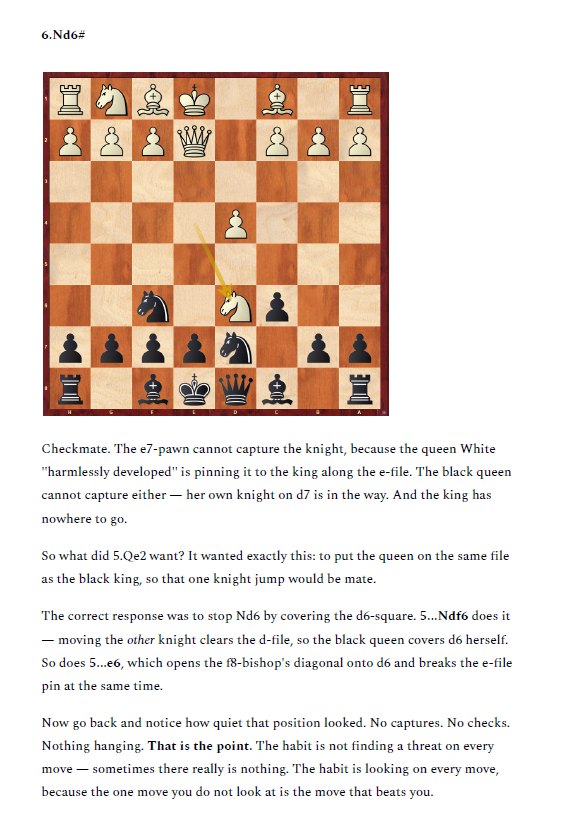 A book page showing a checkmate position after 6.Nd6 with an explanation of the trap